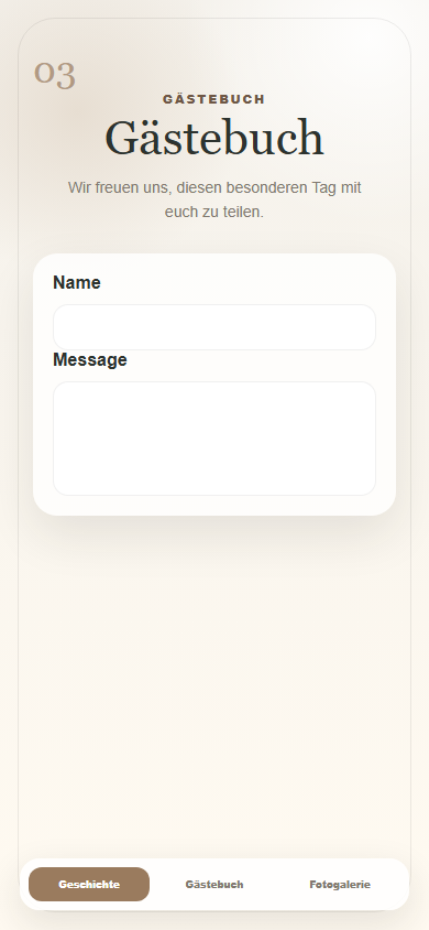 Mobiler Gästebeitrag-Bereich einer digitalen Hochzeitseinladung
